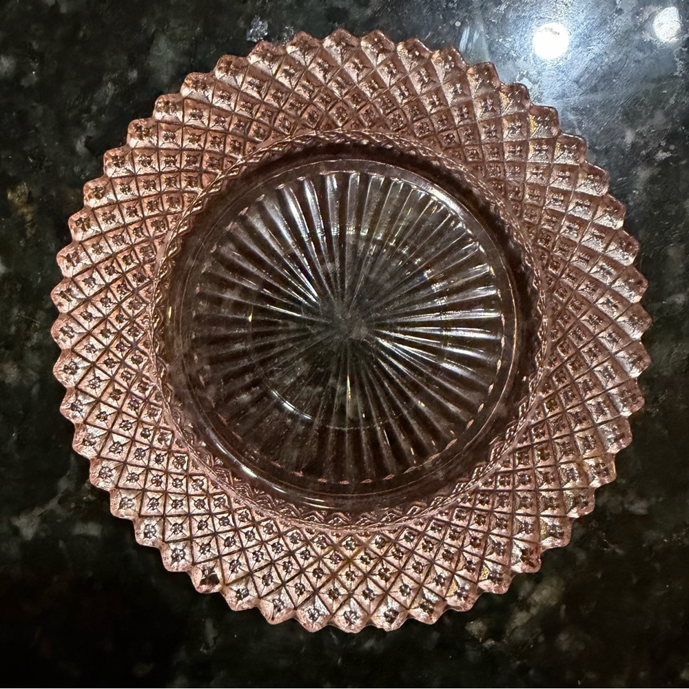 Vintage 1930s “Miss America” pink depression glass round trinket tray